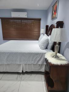 a bedroom with a bed and a table with a lamp at The Royal at Meadowbrook 3 bed rooms house in Kingston