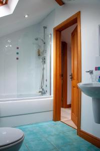een badkamer met een douche, een wastafel en een bad bij Creeghduff Lodge in Downpatrick