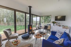 a living room with a blue couch and a fireplace at Beautiful "Stour" Eco Lodge with Private Hot Tub in East Bergholt