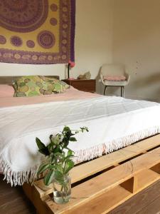 a bed with a wooden frame and a vase with a plant at CASA QUEER in Buenos Aires