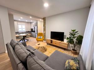 Sala de estar con sofá gris y TV en Apartamento reformado centro de Santander, en Santander