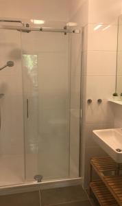 ein Bad mit einer Dusche und einem Waschbecken in der Unterkunft Schindler in Münchendorf