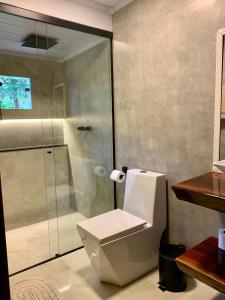 uma casa de banho com um WC e uma cabina de duche em vidro. em FLORA Praia do Sono Lodge & Trekking em Paraty