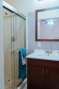 a bathroom with a sink and a glass shower at SKYLINE SUITES: 3 BED/3 BATH VACATION RENTAL in Grand Anse