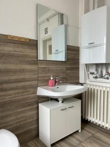 a bathroom with a white sink and a mirror at Central Service Apartment in Recklinghausen