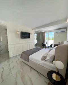 1 dormitorio con 1 cama grande y TV en la pared en ANAMA camere & suite, en Lucera