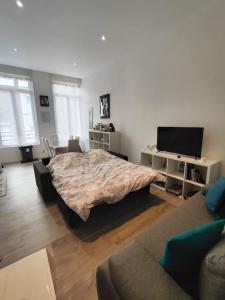 a bedroom with a bed and a flat screen tv at Grand volume calme centre-ville Tan1 in Cambrai