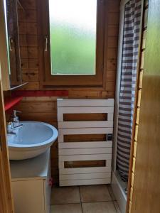 baño pequeño con lavabo y ventana en LES CHALETS DE LA VIGNE GRANDE, en Saint-Floret
