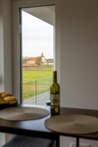 uma garrafa de vinho sentada num balcão ao lado de uma janela em Apartman Nebo - Pogled na Stari Grad i Minizoo besplatne ulaznice - Free tickets em Ðurđevac