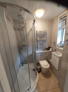 a bathroom with a shower and a toilet at 38 Westerham in London