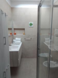 uma casa de banho com 2 lavatórios e uma cabina de duche em vidro. em Vinci Residence em Fiumicino
