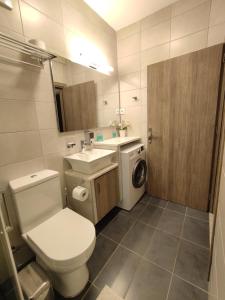 a bathroom with a toilet and a sink and a washing machine at Sea View Apartments Nikos in Nea Peramos