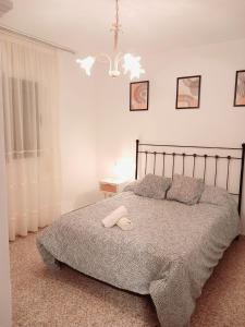 1 dormitorio con 1 cama grande con manta gris en Casa Abuela Antonia, en Granada