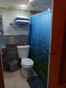a bathroom with a toilet and a fish tank shower curtain at Villahouse3 in Vega Baja