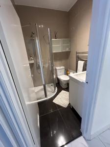 a bathroom with a shower and a toilet and a sink at New! Supreme Apartment - Near Tube Stations in London