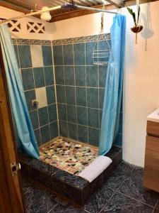 baño con ducha con cortina azul en Oasis Beachfront Hostel, en Puerto Limón