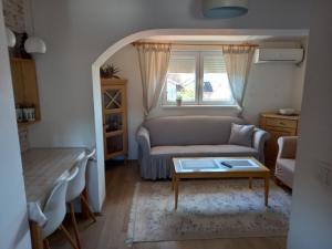 ein Wohnzimmer mit einem Sofa und einem Tisch in der Unterkunft Apartman 3 in Kragujevac