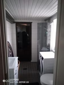 ein Badezimmer mit einem weißen WC und einem Waschbecken in der Unterkunft Kamchanod Resort Haukipudas Oulu in Oulu