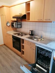 cocina con fregadero y fogones horno superior en Haus Maria en Olmscheid