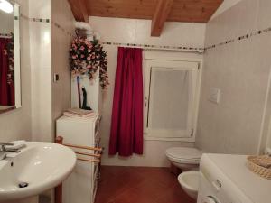 baño con lavabo y cortina roja en Appartamenti Residenza Dossalt, en Baselga di Pinè