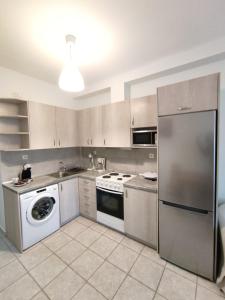 La cuisine est équipée d'un réfrigérateur en acier inoxydable et d'un lave-vaisselle. dans l'établissement Sea View Apartments Nikos, à Néa Péramos