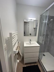 uma casa de banho branca com um lavatório e um chuveiro em Appartement le petit Royal em Cormelles