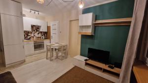 a kitchen with a tv and a green wall at Apartament Poselska in Legnica