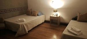 um quarto de hotel com duas camas e uma mesa com um candeeiro em La Casa de las Flores em Salta