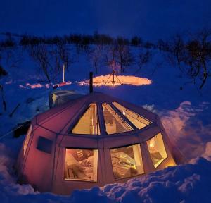 ein Kuppelzelt im Schnee in der Nacht in der Unterkunft Finnmark Glamping in Alta