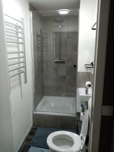 y baño con ducha, aseo y lavamanos. en Feel at home in Warre, Durbuy, en Durbuy