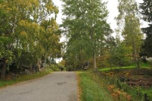 a road with trees on the side of it at Villa Livslust Trollbäcken uthyrning pågår in Tyresö