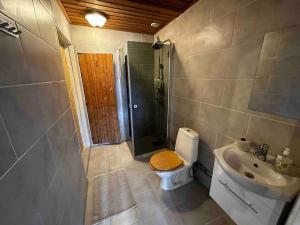a bathroom with a toilet and a shower and a sink at Villa Trollbäcken med bastu, värmegolv, öppen spis in Tyresö +48 photos