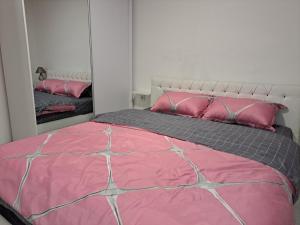een slaapkamer met een roze bed met roze kussens en een spiegel bij Apartman MiSSS in Pale