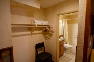 a bathroom with a toilet and a chair and a mirror at Lakefront Escape in Big Bear Lake
