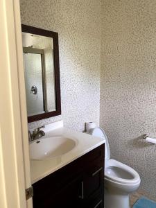 a bathroom with a sink and a toilet and a mirror at Cozy Studio with free parking on premises. in Grand Anse