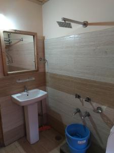 y baño con lavabo y espejo. en Shiva Valley Riverside Home Stay en Jibhi