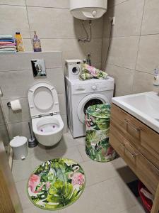 a bathroom with a toilet and a washing machine at Apartman AURORA CETINJE in Cetinje +48 photos