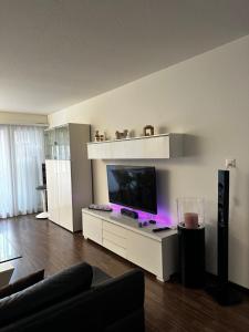 a living room with a flat screen tv on a white entertainment center at Gemütliche möbilierte Wohnung in Winterthur in Winterthur
