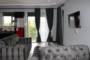 a living room with two couches and a television at MHP Apartments in Munyonyo