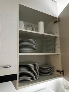 a cupboard with plates and dishes in it at Gemütliche möbilierte Wohnung in Winterthur in Winterthur