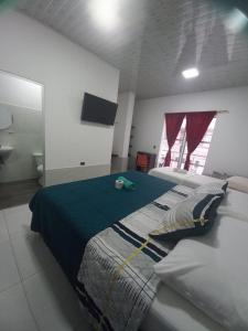 a bedroom with two beds and a flat screen tv at Hotel Oiti 