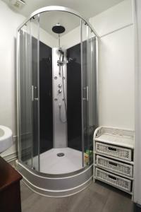 a shower with a glass enclosure in a bathroom at Studio de 30m² hypercentre très calme in Montbéliard