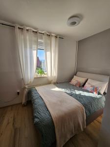 una camera da letto con un grande letto e una finestra di soba v Pekrski vili a Limbuš
