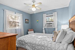- une chambre bleue avec un lit et un ventilateur de plafond dans l'établissement Artsy Athens Oasis with spacious living area, à Athens