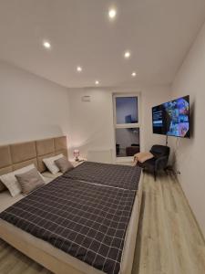 a bedroom with a large bed and a flat screen tv at Szklane Tarasy Premium Two Bedrooms FAKTURA FAST CHECK-IN in Rzeszów