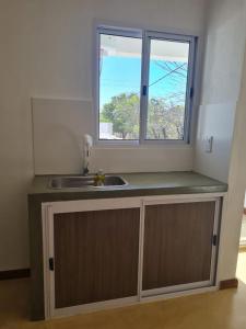 eine Küche mit einem Waschbecken und einem Fenster in der Unterkunft Departamentos Mita Í in Isoquí