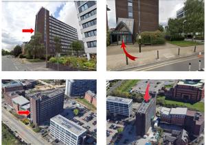 four different pictures of buildings in a city at Bright Stylish Studio Apartment in Old Trafford in Manchester