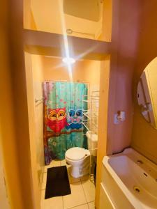 La salle de bains est pourvue de toilettes et d'un rideau de douche. dans l'établissement Residencial Chañarcillo, à Copiapó
