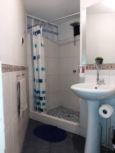 a bathroom with a sink and a shower at Hermoso MiniDepa de Estreno en La Molina in Lima