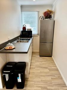 a kitchen with a stainless steel refrigerator and a sink at Short Stay- ENTIRE GUESTHOUSE! in Halcombe